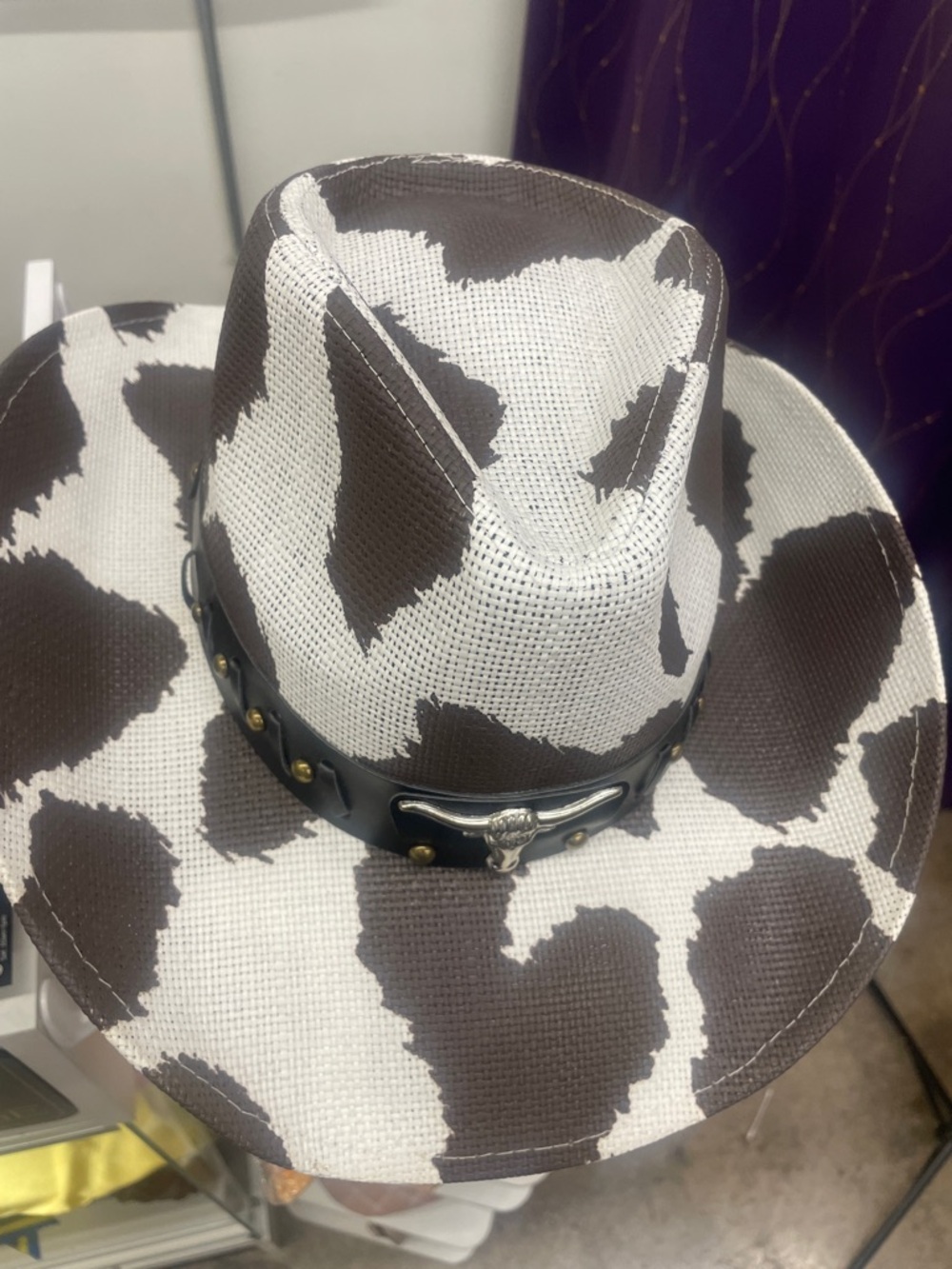 Cowprint Straw Western Hat with Bull Concho Band